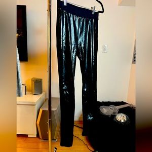 Black Leggings, patent shiny pleather front panel, jersey plain cotton back. S
